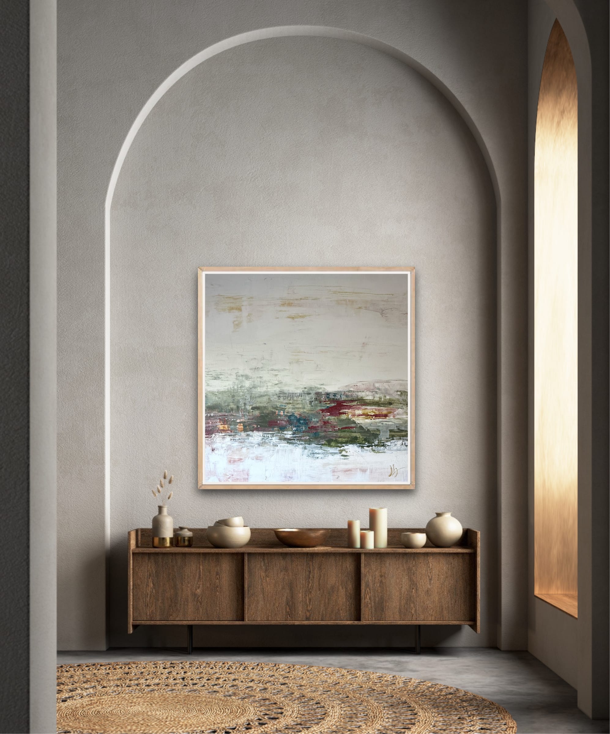 Reedley Grove, a soft abstract landscape in greens, cream, and warm earth tones.