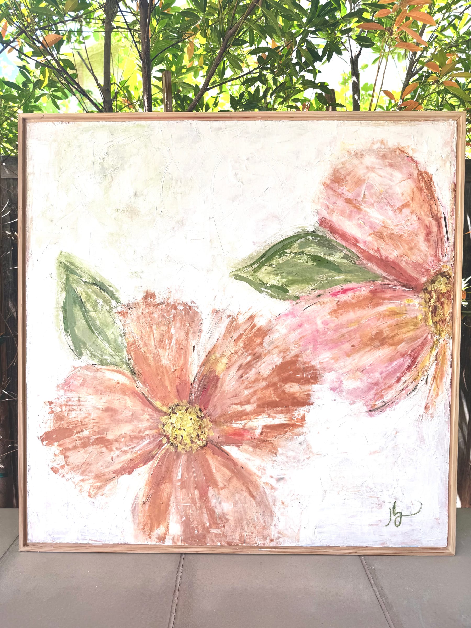 Almond Bloom, Reedley: a commissioned floral painting of soft pink and peach blooms.