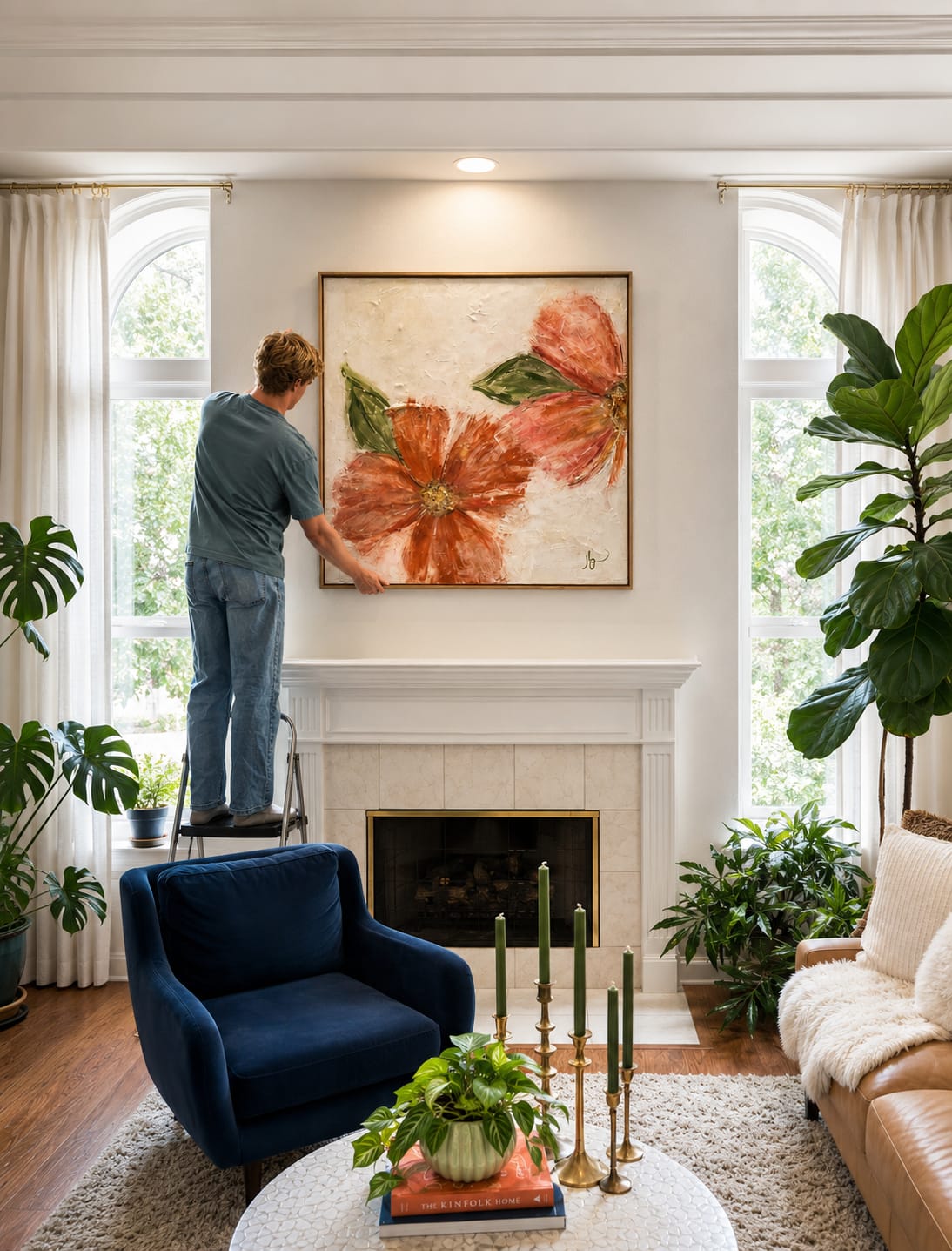 A commissioned coral floral painting by Jen Bell being hung above a fireplace in a bright living room.