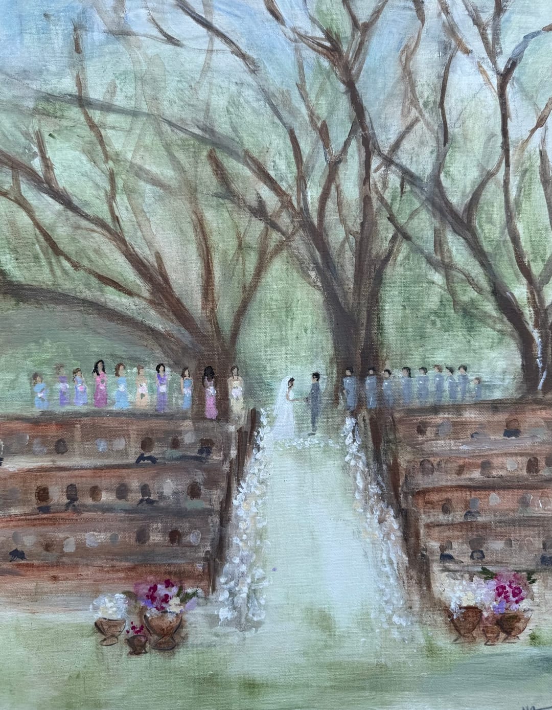 The finished, signed painting: the couple at the altar beneath the oaks, the wedding party lined along the pews, a white petal aisle, and baskets of flowers in the foreground.