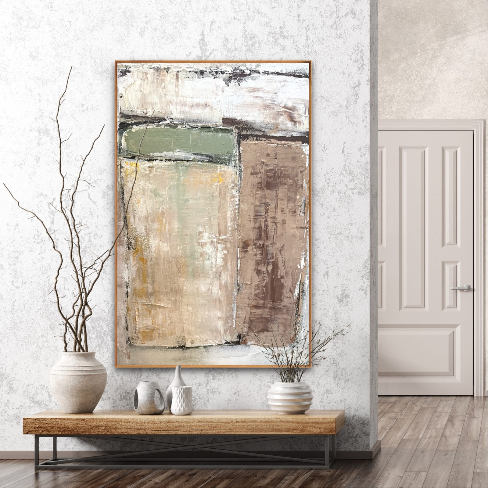 Abstract acrylic painting in warm browns, sage and cream by Jen Bell.