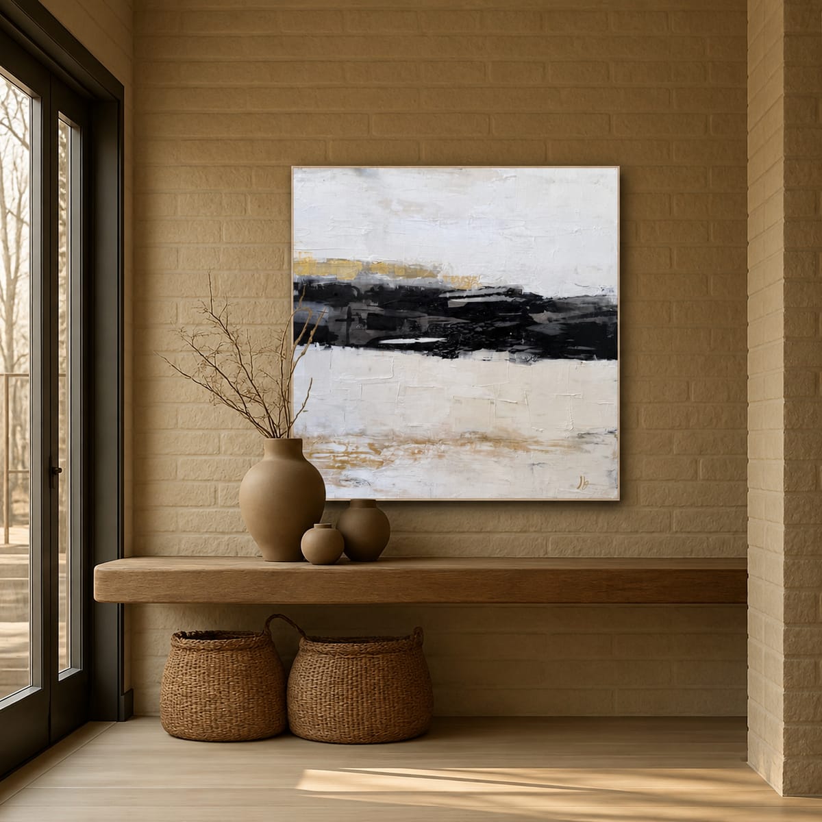 Black, cream, and gold abstract painting by Jen Bell hung above an entryway bench.