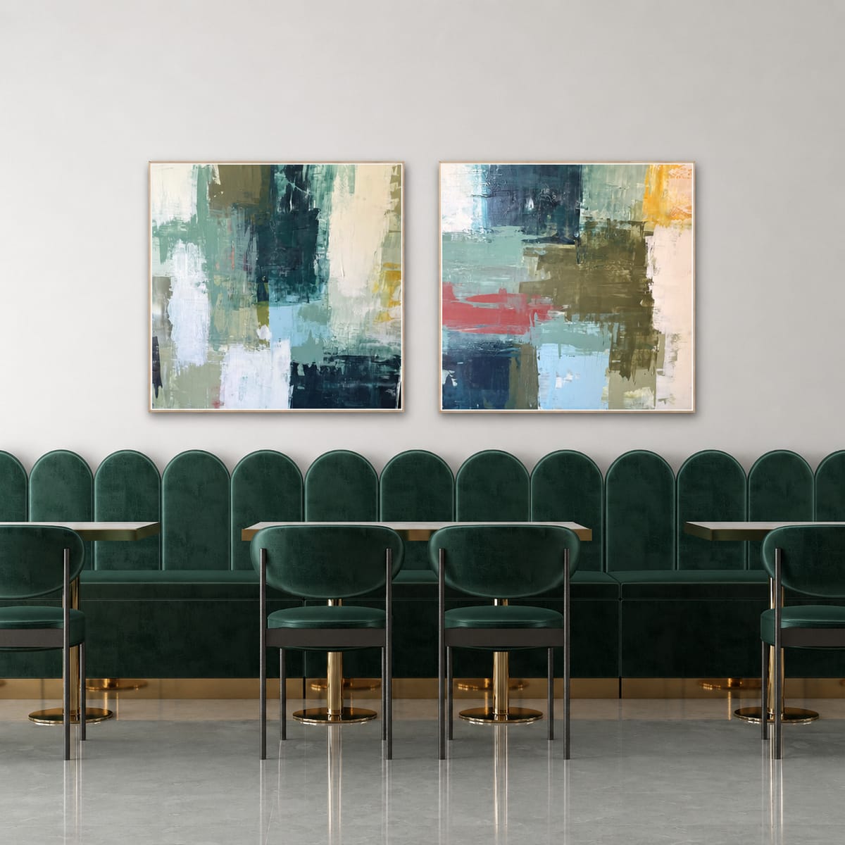 A pair of colorful abstract paintings by Jen Bell above a green velvet banquette.