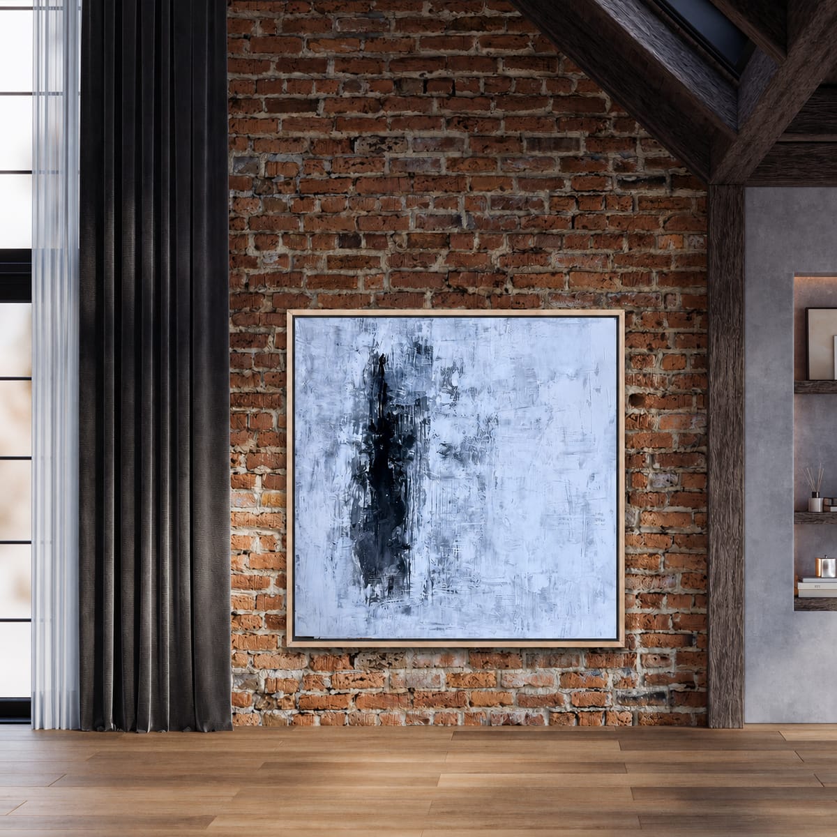 Black and white abstract painting by Jen Bell on an exposed brick loft wall.