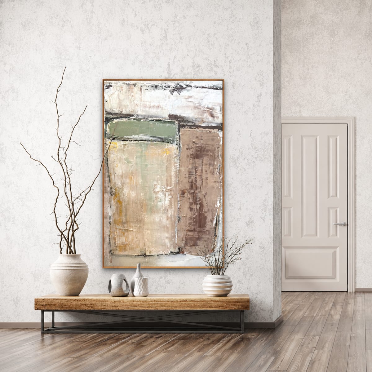 Earth-tone abstract painting in sage, beige, and brown by Jen Bell above a wood console.