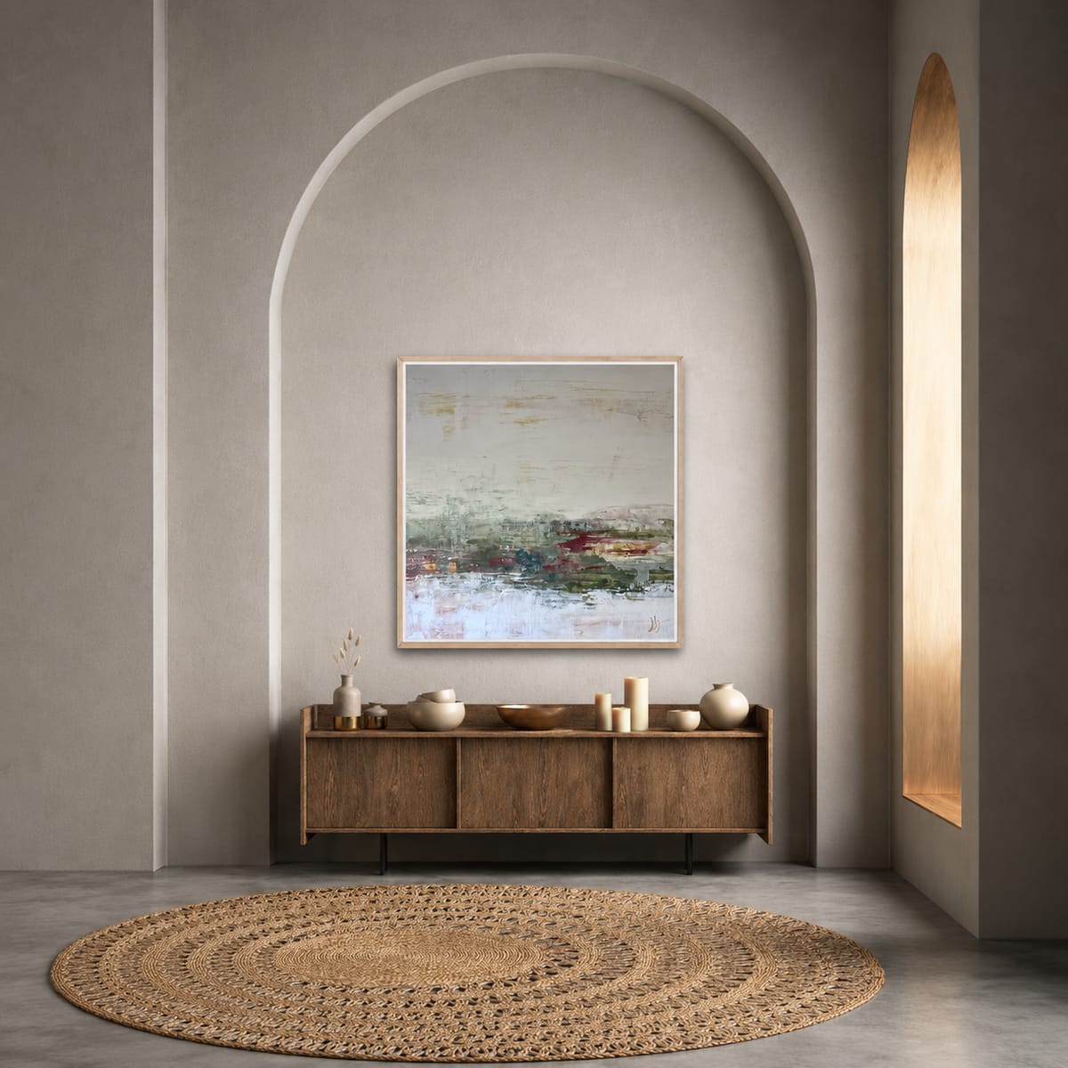 Soft green and pink abstract painting by Jen Bell in an arched alcove above a credenza.