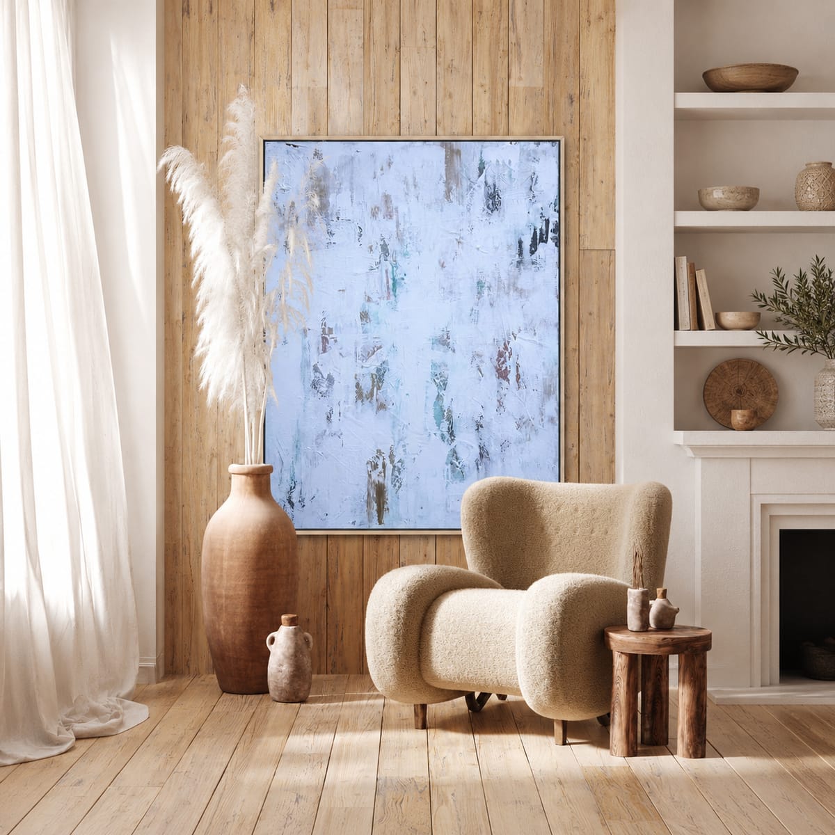 Large pale blue abstract painting by Jen Bell in a wood-paneled sitting room.