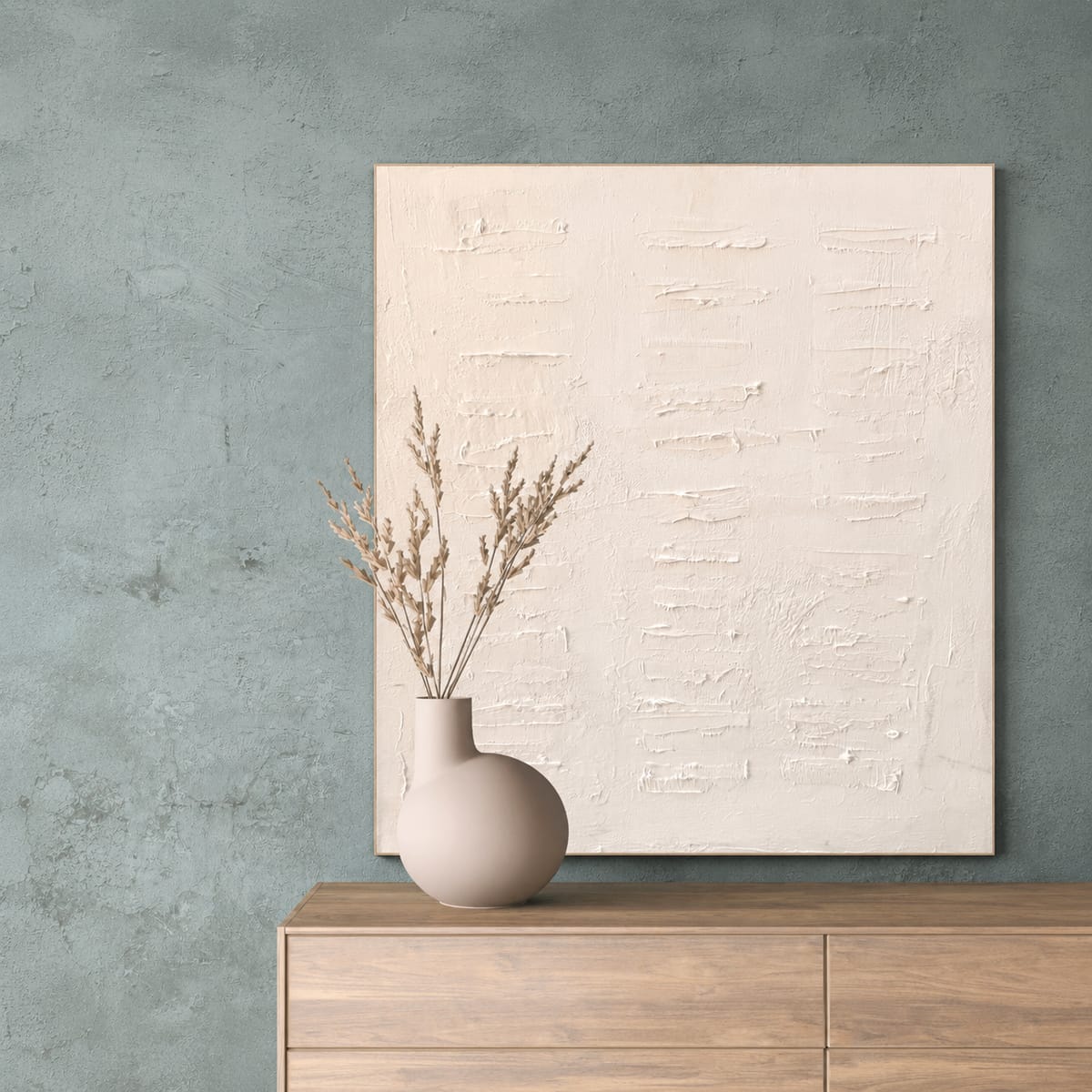 White textured minimalist painting by Jen Bell above a wood dresser.