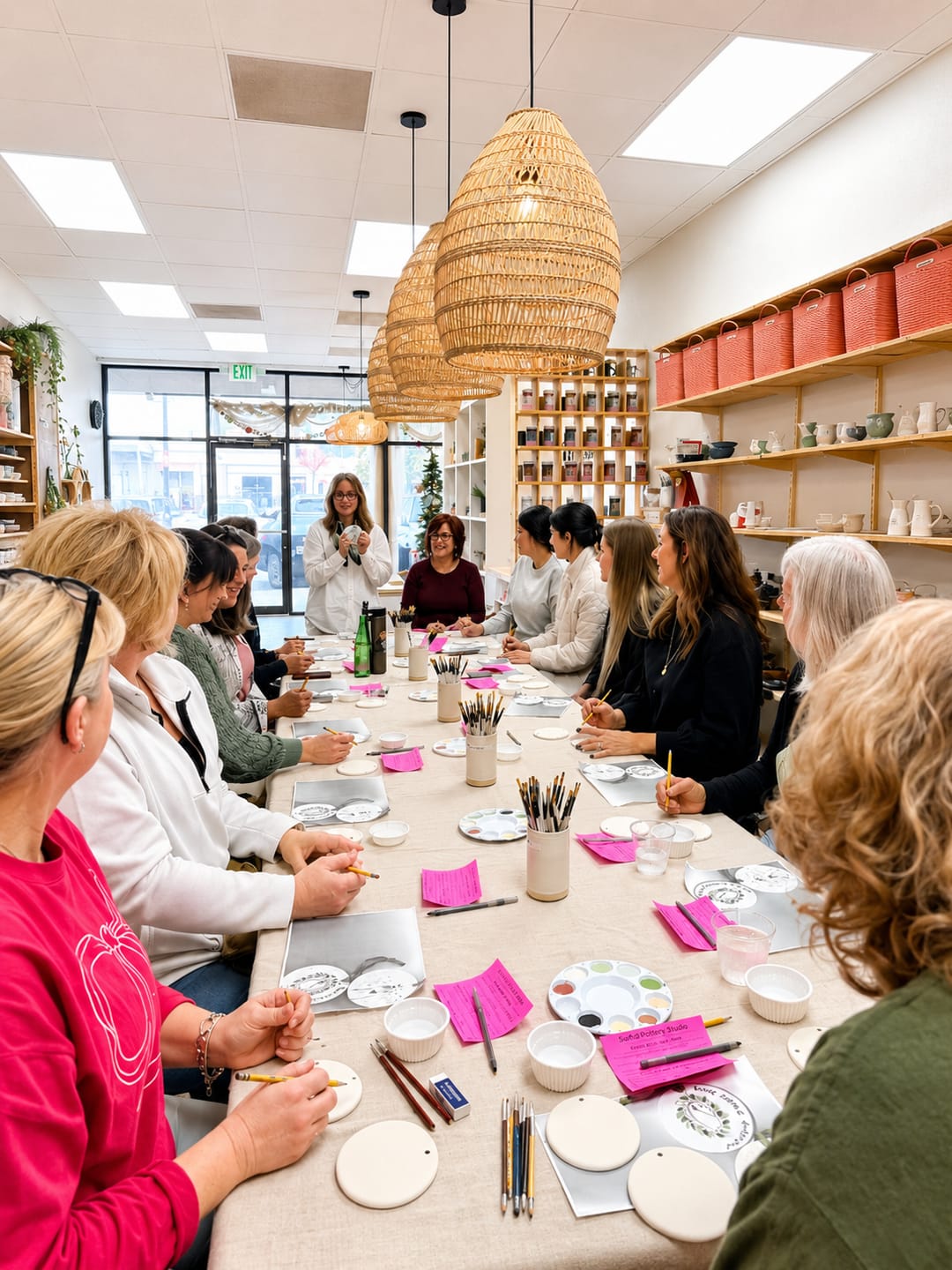 A full table of guests painting ceramic ornaments at a workshop inside a local pottery shop.