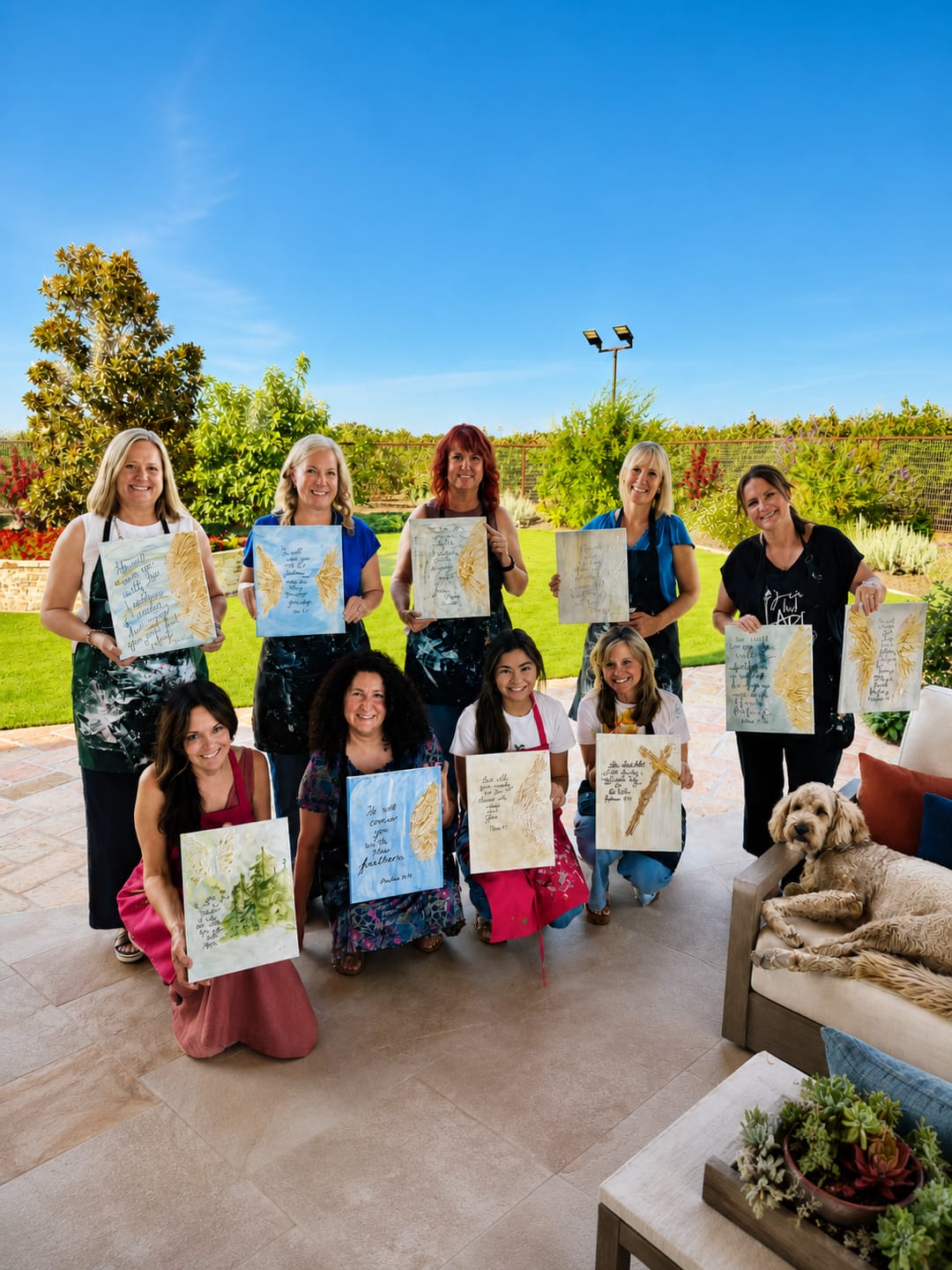 A workshop group posing with their finished canvases on a sunny patio, joined by a friendly dog.