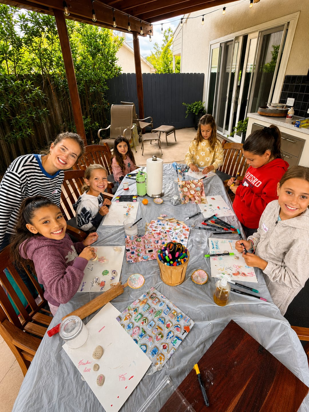 Kids decorating painted rocks around a backyard table at a kids' workshop.