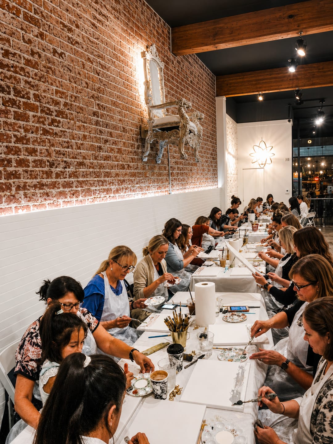 A large group painting canvases along a long table in a brick-walled studio.