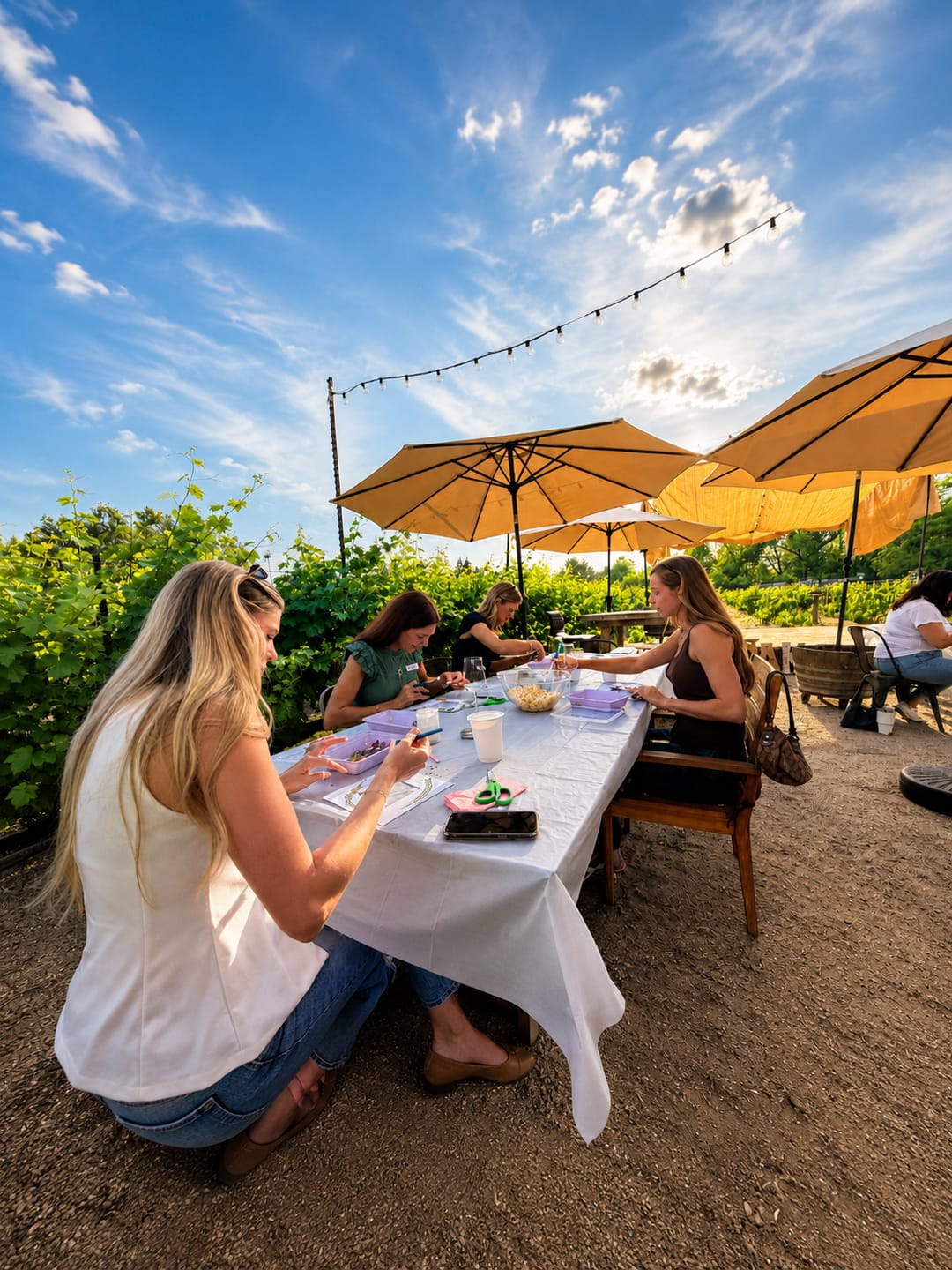 Guests painting at a long table under yellow umbrellas on a winery patio at golden hour.